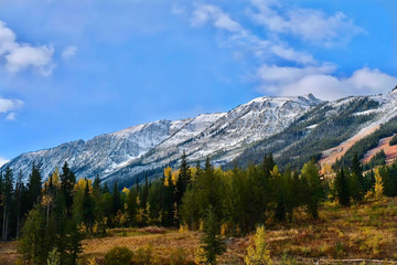 Golden. Ski resort Kicking Horse in autumn. View from hotel window. British Columbia. Canada.