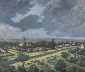 Fotobehang Original oil painting on canvas - Church, NG Kerk Walmer in Port Elizabeth, South Africa and houses painted from a view  opposite Baakens Valley on a cloudy day © Madele