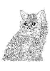 Hand drawn cat. Sketch for anti-stress adult coloring book in zen-tangle style. Vector illustration  for coloring page.
