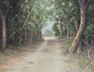 Original oil painting on canvas - Lane of sun-dappled tall trees arched in the shade next to country dirt road in South Africa with sunlight in the distance