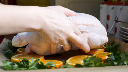 Female hands placing whole raw chicken to baking tray tin in kitchen