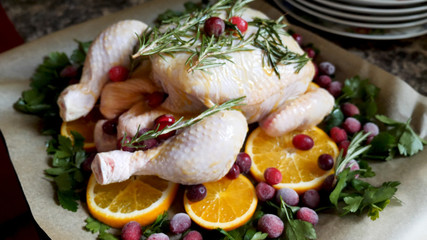 Fototapeta na wymiar Closeup view of Whole Raw Chicken with Fresh parsley Cranberries and Orange Slices on baking tray tin prepared for roasting in oven