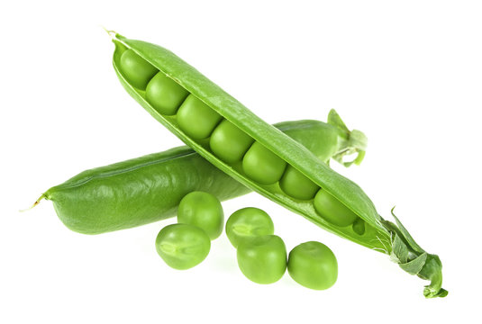 Green peas on white background, closeup