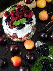 Oatmeal with yogurt and berries in a jar surrounded by cherries and blackberries