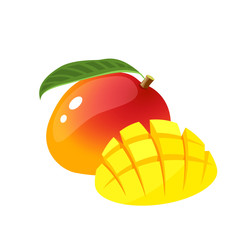 Summer fruits for healthy lifestyle. Mango, whole fruit with leaf and cubic slices. Vector illustration cartoon flat icon isolated on white.