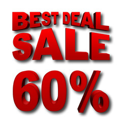Stock Illustration - Red 60 Percentage Off, Red Best Deal, Red Sale, Bold Red Text, Isolated against the White Background, 3D Illustration.