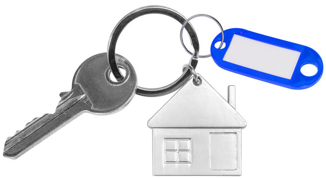 porte-clés maison avec porte-étiquette bleue sur fond blanc 