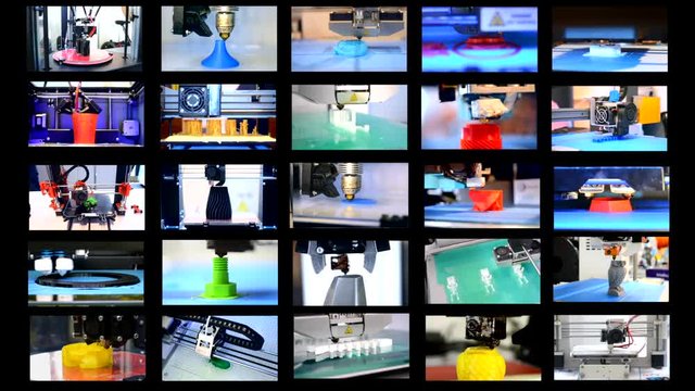 25 in 1. Many objects printed by 3d printer. Fused deposition modeling, FDM. Progressive modern additive technology. Concept 4.0. Multicam split screen group video wall collage montage composite.