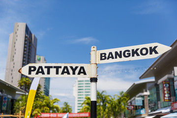 Signpost to Pattaya and Bangkok in Thailand