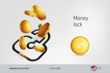 US Dollar coins. Lock icon with flying United States Dollar coins, finance concept. Vector illustration for print, websites, web design, mobile app, infographics.