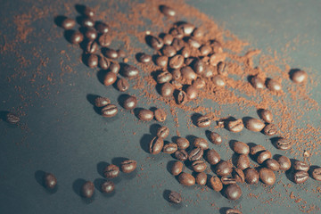 Fototapeta na wymiar Coffee beans close up. Photo in instagram, vintage style with shallow depth of field.