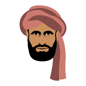 Arab Man Face In Turban Vector Illustration Flat