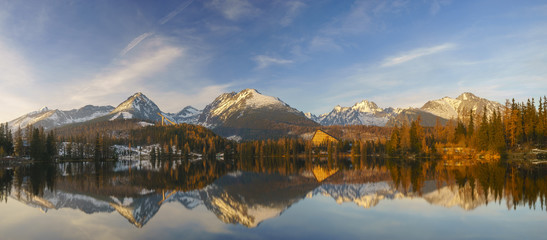 winter panorama of the mountain lake Strbske pleso in Slovakia