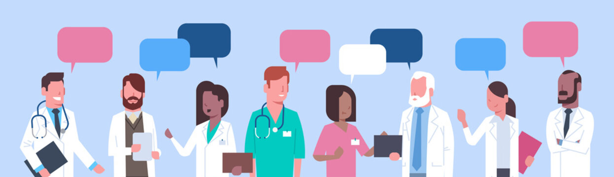 Group Of Medical Doctors Standing Chat Bubble Treatment Social Network Concept Flat Vector Illustration