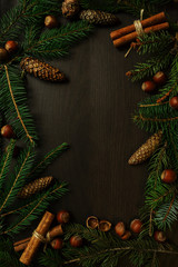 Fototapeta na wymiar Christmas decor - frame with fir branches, cones, cinnamon sticks and hazelnuts with space for text. Flat lay. Rustic style.