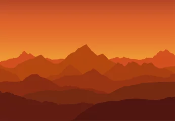 Gordijnen panoramisch uitzicht op het berglandschap met mist in de vallei beneden met de alpenglow oranje lucht © Forgem