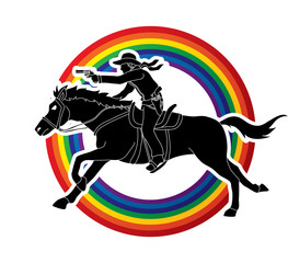 Cowboy riding horse,aiming gun on line rainbows background graphic vector