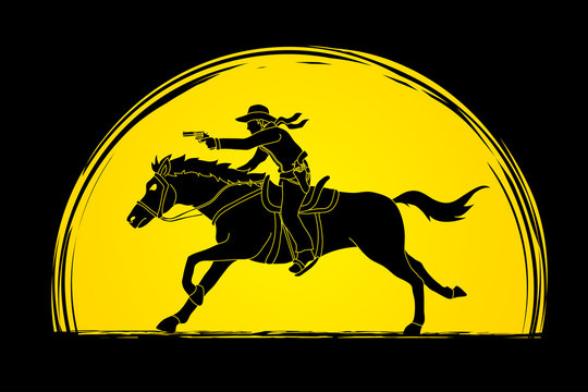 Cowboy riding horse,aiming gun on sunlight background graphic vector