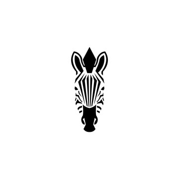 Zebra head logo negative space style illustration. Front view silhouette african zebra portrait striped black and white skin typography design element.