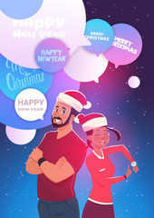 Winter Holiday Celebration Poster With Happy Man And Woman Over Chat Bubbles Background Christmas And New Year Concept Flat Vector Illustration