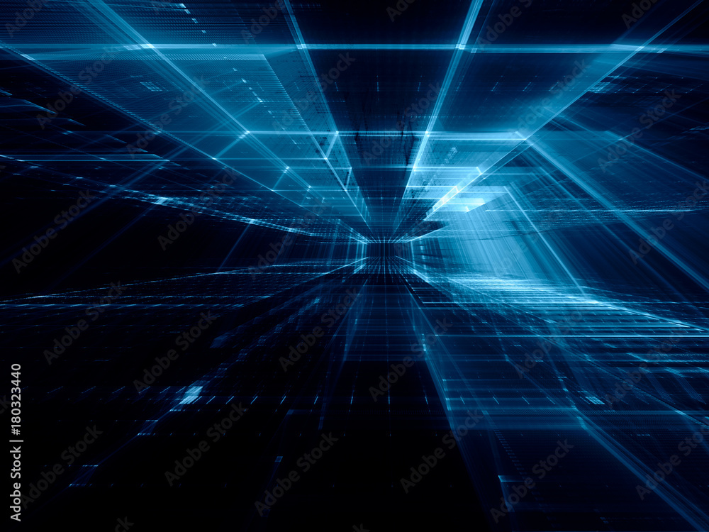 Poster abstract blue toned background element on black. perspective composition of grids and matrix pattern