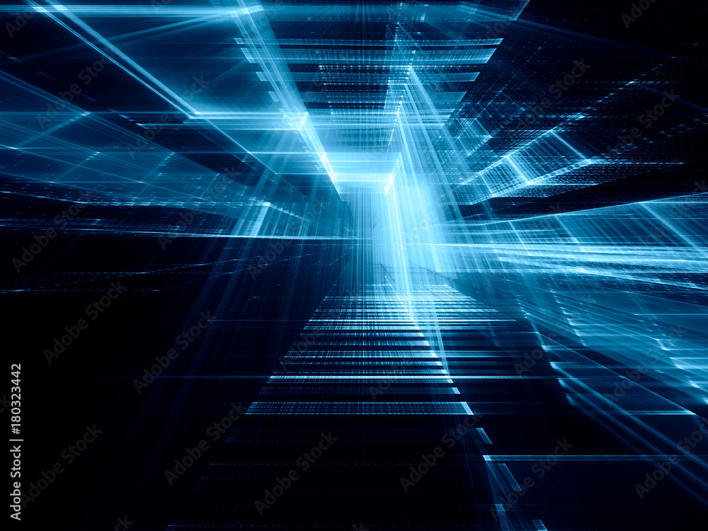 Poster abstract blue toned background element on black. perspective composition of grids and matrix pattern