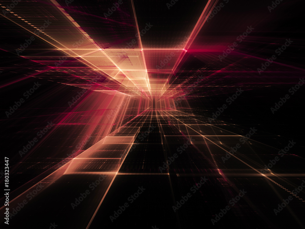 Fototapete Abstract red background element on black. Perspective composition of grids and matrix patterns. Detailed fractal graphics. Information technology concept.