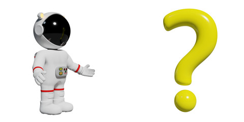astronaut, 3d cartoon character person in front of a yellow question mark (3d illustration isolated on white background)