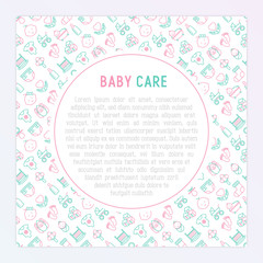 Baby care concept with thin line icons: newborn, diaper, pacifier, crib, footprints, bathtub with bubbles. Vector illustration for banner, web page, print media with place for text.