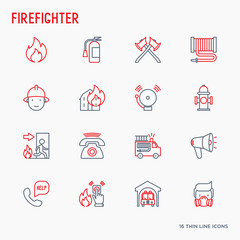 Naklejka premium Firefighter thin line icons set: fire, extinguisher, axes, hose, hydrant. Modern vector illustration.