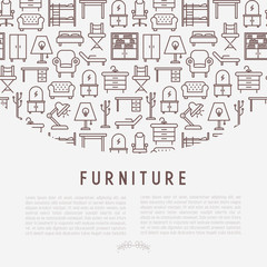 Furniture concept with thin line icons of coach, bookcase, bed,  dresser, chair, lamp, floor hanger. Modern vector illustration for banner, web page, print media.