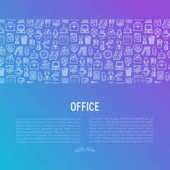 Office concept with thin line icons of manager, coffee machine, chair, career growth, e-mail, folders, watercooler, lamp. Vector illustration for banner, web page, print media.