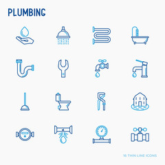 Plumbing thin line icons set of bathtub, shower, pipe, wrench, drop, leakage, meter, plunger. Modern vector illustration.