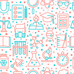 Science and laboratory seamless pattern with thin line icons of scientist, dna, microscope, scales, magnet, respirator, spirit lamp. Vector illustration for background.