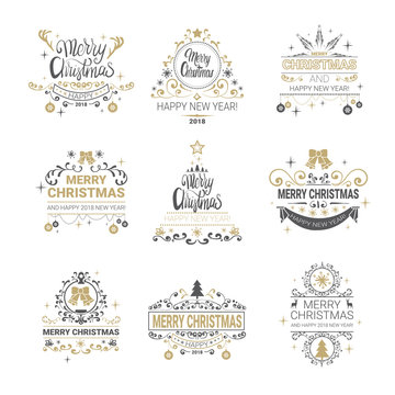Set Of Golden Calligraphic Lettering Icons Christmas And New Year Logos Collection Isolated On White Background Vector Illustraion