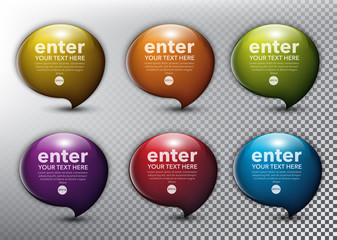 Abstract glossy speech bubbles set of 6. Bubble balloons quote. Isolated with realistic, transparent glass shine and shadow on the light background. Vector illustration. Eps10.