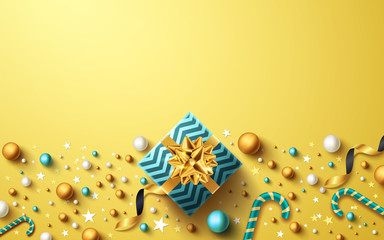 Christmas and New Years Golden background with gift box,ribbon and christmas decoration elements.Vector illustration