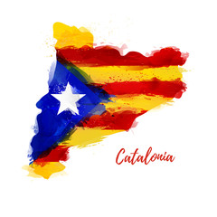 Symbol, poster, banner Catalonia. Map of Catalonia with the decoration of the national flag. Style watercolor drawing. Vector.