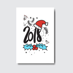 2018 New Year Postcard Doodle Isolated On White Background Cute Holiday Greeting Card Vector Illustraion