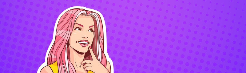 Retro Portrait Of Beautiful Woman In Pop Art Style With Long Pink Hair Looking Up To Copy Space Horizontal Banner Vector Illustration