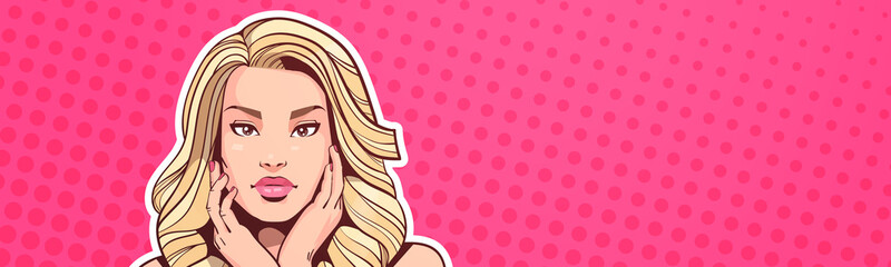 Portrait Of Beautiful Blonde Woman In Pop Art Style Female Over Colorful Dot Background Horizontal Banner Vector Illustration