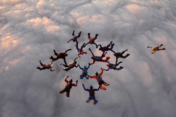 Skydivers in the sky