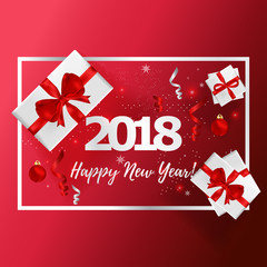 Obraz na płótnie Canvas New Years greeting card vector illustration. Happy New Year 2018 on red background for greeting cards, web banner, flayer brochure