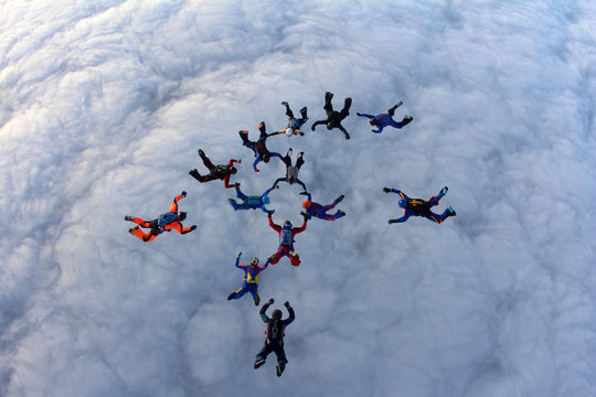 Skydivers in the sky