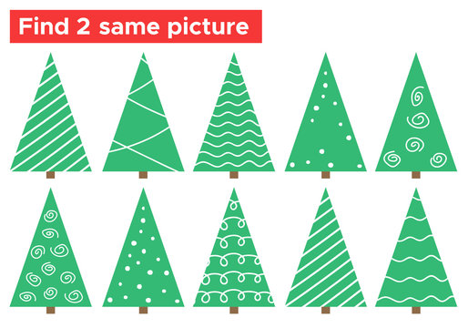 Find the same picture educational game for children. Funny doodle Christmas tree. Vector illustration.