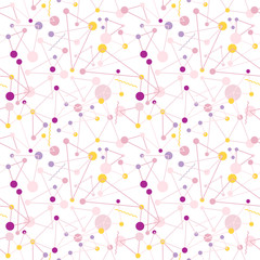 Seamless vector pattern on white background with vibrand, colorful dots and connecting lines
