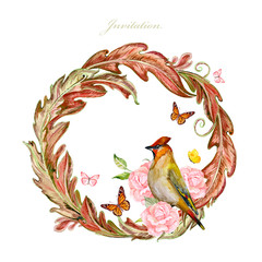 graceful floral vignette with pretty bird and butterflies. watercolor painting