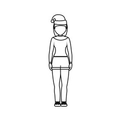 flat line  uncolord woman with  santa hat  over  white background vector illustration