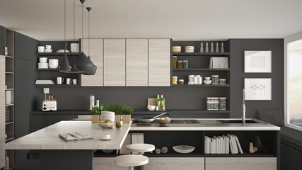 Modern wooden kitchen with wooden details, close up, island and gas stove with cooking pan, white and gray minimalistic interior design