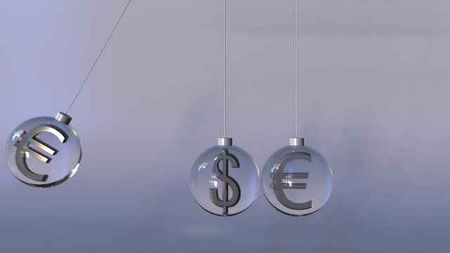 Swinging Newton's cradle made of dollar and euro currency symbols. Forex interaction, international banking or multicurrency operation concepts